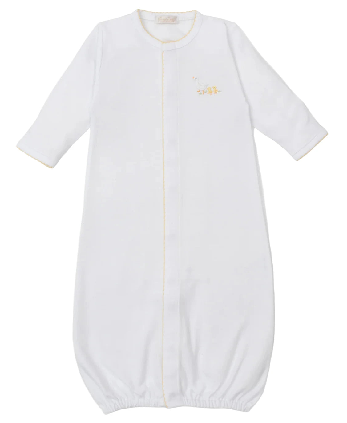 The Kissy Kissy Premier Baby Duckling Hand Emb. Conv. Gown is made from premium Pima cotton with white long sleeves, yellow trim, an elastic bottom, and a hand-embroidered duckling on the left chest.