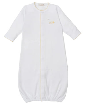 The Kissy Kissy Premier Baby Duckling Hand Emb. Conv. Gown is made from premium Pima cotton with white long sleeves, yellow trim, an elastic bottom, and a hand-embroidered duckling on the left chest.