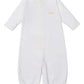 The Kissy Kissy Premier Baby Duckling Hand Emb. Conv. Gown is a white, long-sleeve Pima cotton gown with closed feet, yellow seam stitching, and duckling embroidery on the chest.