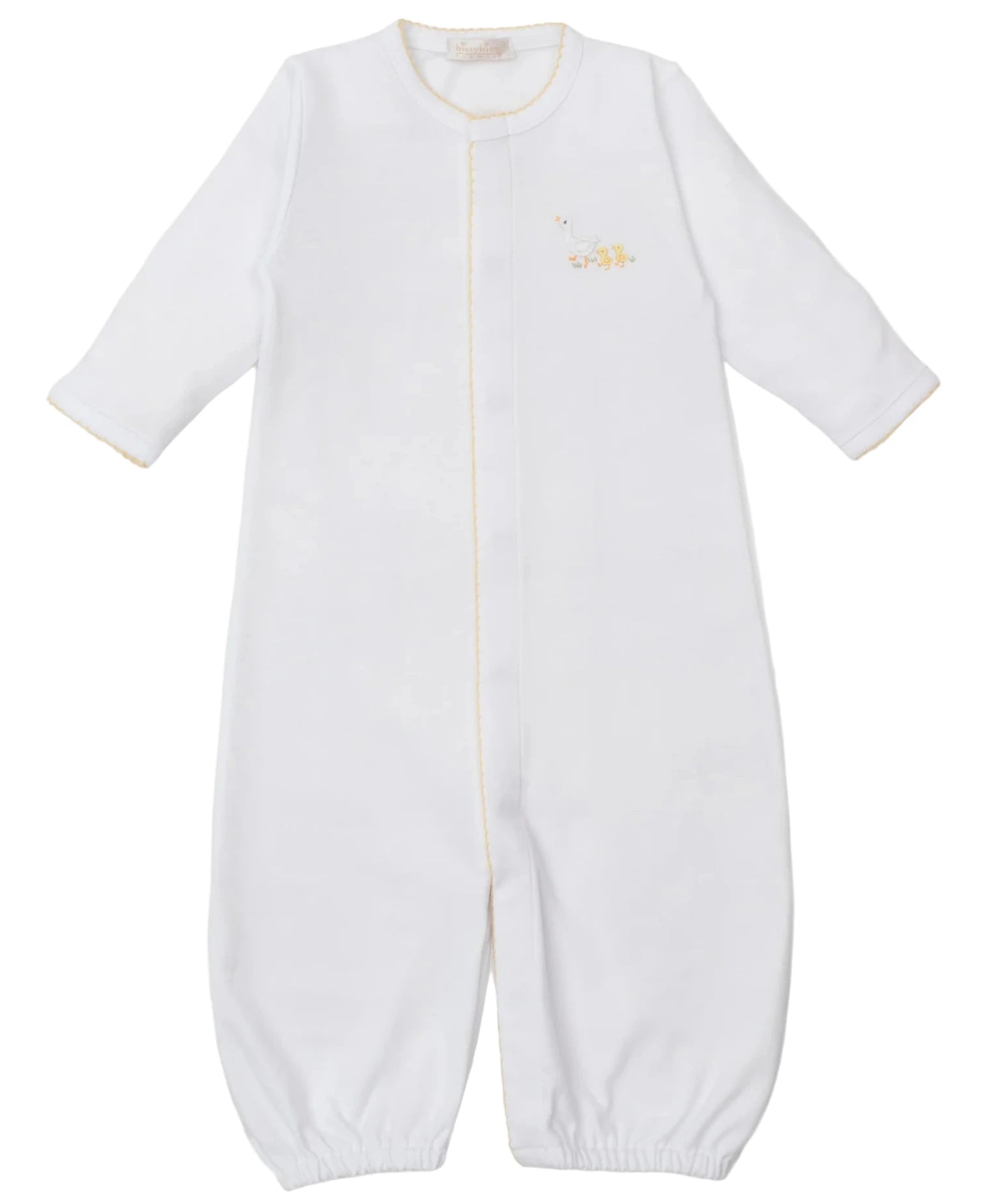 The Kissy Kissy Premier Baby Duckling Hand Emb. Conv. Gown is a white, long-sleeve Pima cotton gown with closed feet, yellow seam stitching, and duckling embroidery on the chest.
