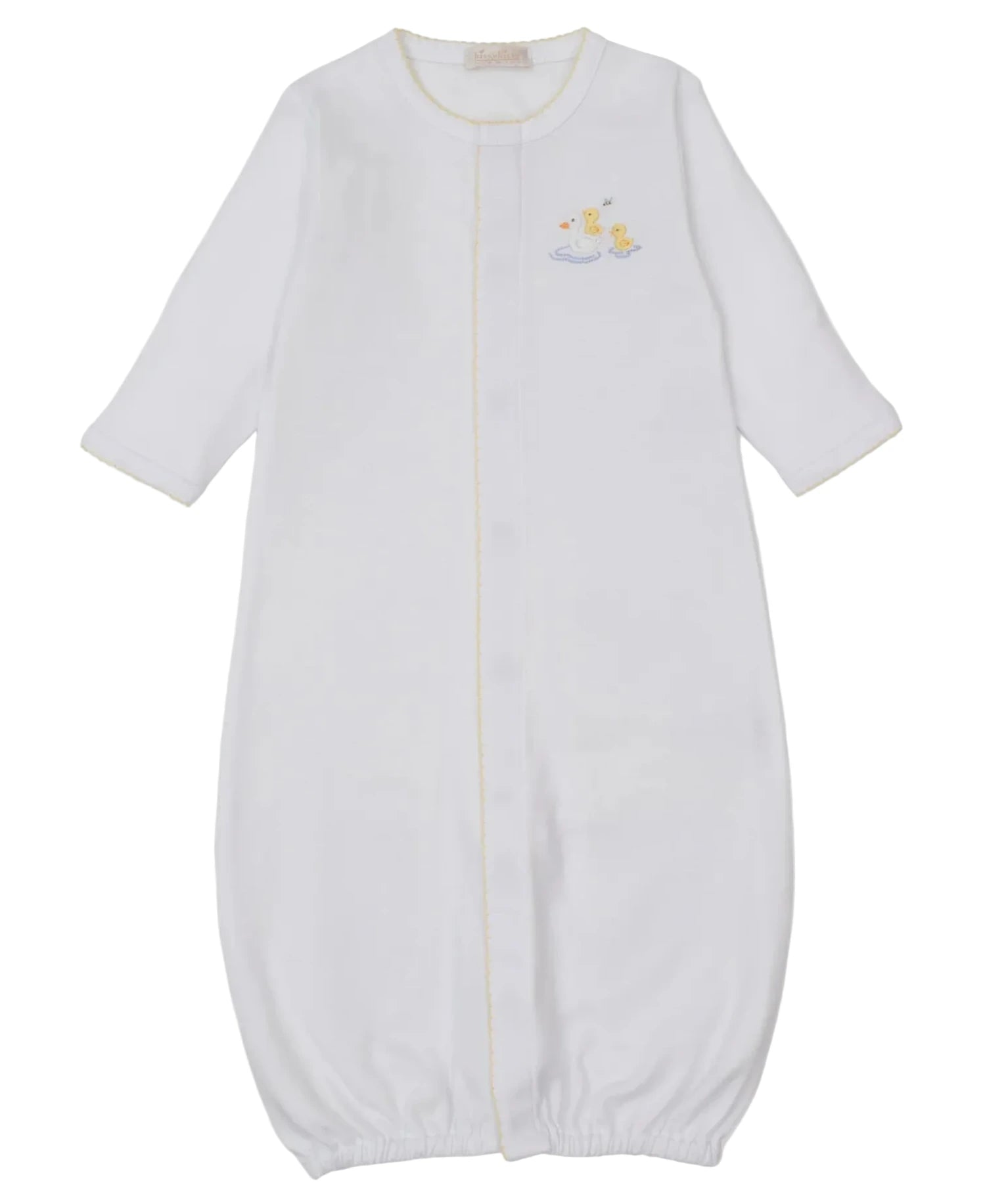 The Baby Premier Duck Pond Paddles Hand Emb. Conv. Gown by Kissy Kissy is a soft Pima cotton gown with long sleeves, an elastic hem, and hand-embroidered ducks on the chest.