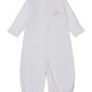 The Kissy Kissy Baby Premier Duck Pond Paddles Hand Emb. Conv. Gown features white Pima cotton with yellow trim and embroidered ducklings on the chest, offering soft comfort for baby.