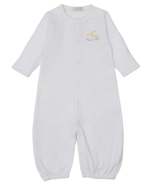 The Kissy Kissy Baby Premier Duck Pond Paddles Hand Emb. Conv. Gown features white Pima cotton with yellow trim and embroidered ducklings on the chest, offering soft comfort for baby.