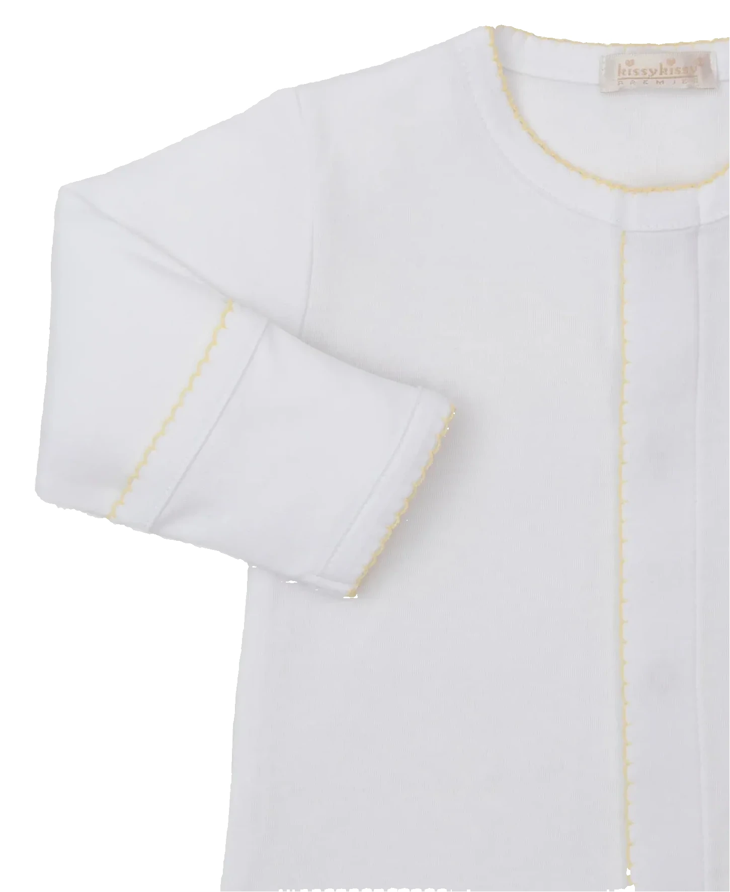 The Kissy Kissy Baby Premier Duck Pond Paddles Hand Emb. Conv. Gown, crafted from soft Pima cotton with yellow stitching, is displayed against a plain background.