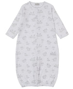 The Kissy Kissy Baby Springtime Bunny Fun Convertible Gown is made of white Pima cotton, has long sleeves, an elasticated bottom, and a charming print with grey bunnies and trees.