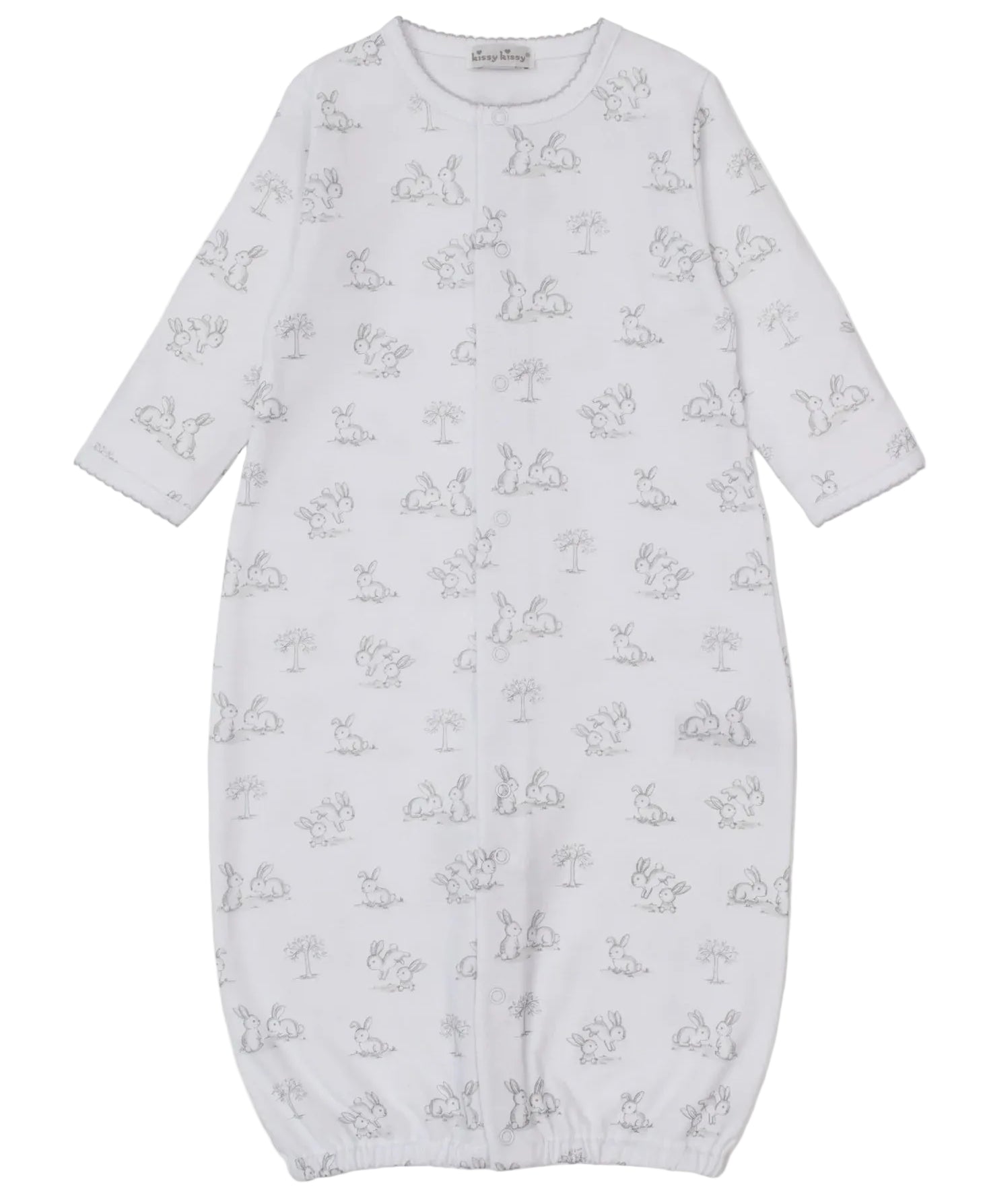 The Kissy Kissy Baby Springtime Bunny Fun Convertible Gown is made of white Pima cotton, has long sleeves, an elasticated bottom, and a charming print with grey bunnies and trees.