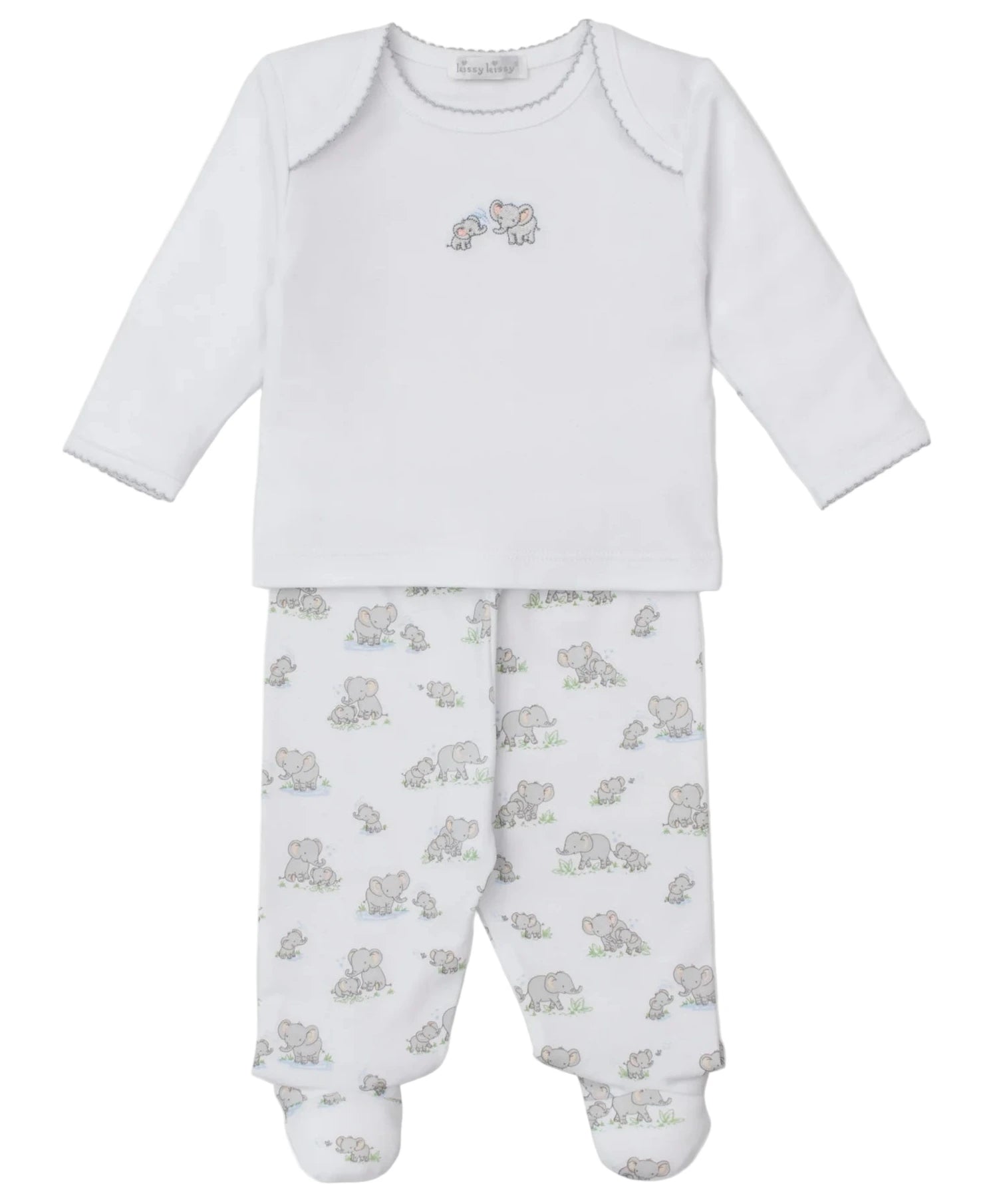 The Kissy Kissy Baby Elephant Esprit Footie Pant Set includes a white long-sleeve outfit with an elephant graphic and matching footed pants with an all-over elephant print.