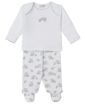 The Kissy Kissy Baby Elephant Esprit Footie Pant Set includes a white long-sleeve outfit with an elephant graphic and matching footed pants with an all-over elephant print.