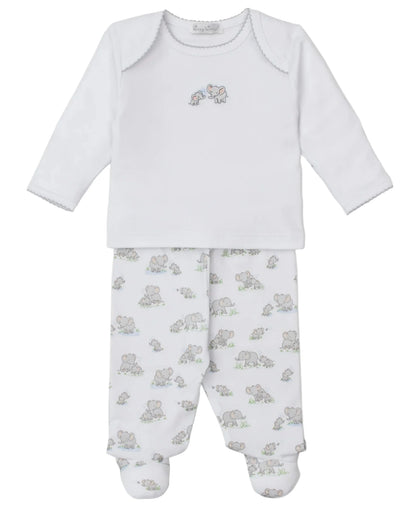 The Kissy Kissy Baby Elephant Esprit Footie Pant Set includes a white long-sleeve outfit with an elephant graphic and matching footed pants with an all-over elephant print.