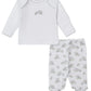 The Kissy Kissy Baby Elephant Esprit Footie Pant Set includes a white long-sleeve top with a playful elephant print and matching white footed pants featuring a charming grey and blue animal pattern.