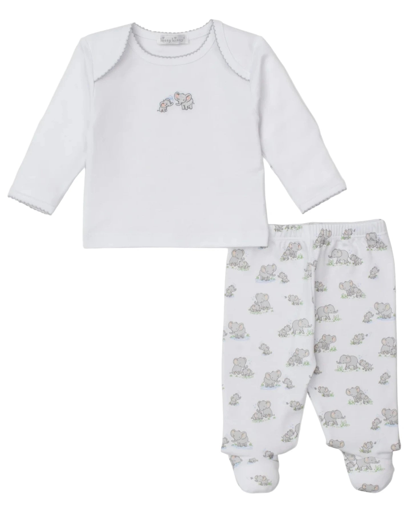 The Kissy Kissy Baby Elephant Esprit Footie Pant Set includes a white long-sleeve top with a playful elephant print and matching white footed pants featuring a charming grey and blue animal pattern.