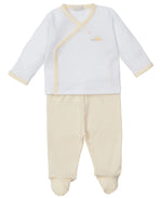 The Kissy Kissy Baby Premier Baby Duckling Hand Emb. Footed Pant Set features a white long-sleeve wrap top with a duckling graphic and cream trim, paired with matching cream footed pants for cozy, stylish comfort.