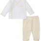 The Kissy Kissy Baby Premier Baby Duckling Hand Emb. Footed Pant Set features a white long-sleeve wrap top with yellow trim and embroidery, plus cream footed pants—a cozy, charming everyday outfit for your baby.