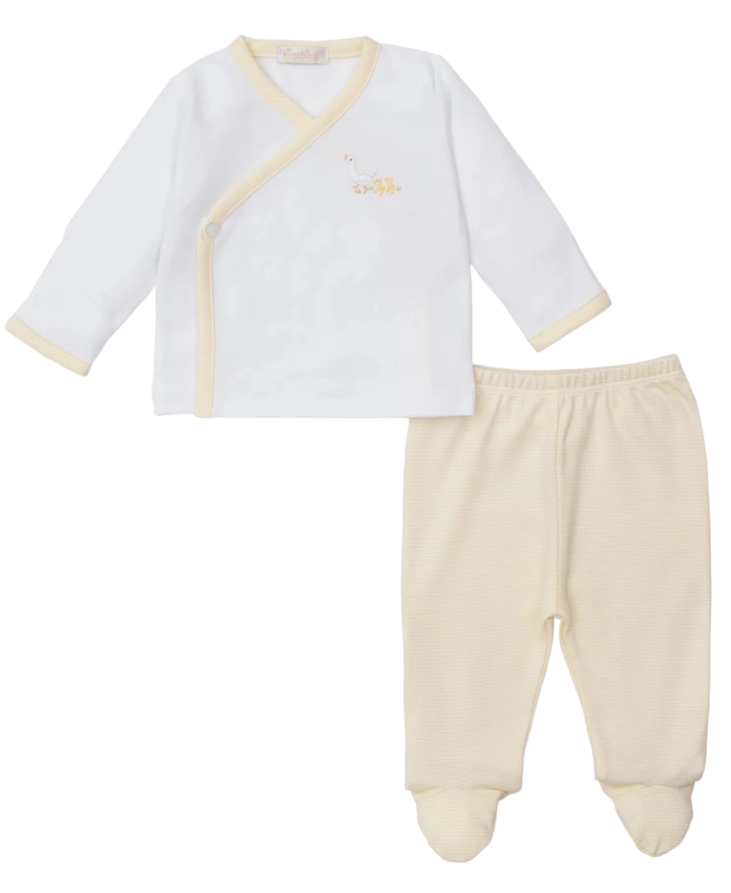 The Kissy Kissy Baby Premier Baby Duckling Hand Emb. Footed Pant Set features a white long-sleeve wrap top with yellow trim and embroidery, plus cream footed pants—a cozy, charming everyday outfit for your baby.
