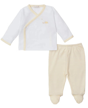The Kissy Kissy Baby Premier Baby Duckling Hand Emb. Footed Pant Set features a white long-sleeve wrap top with yellow trim and embroidery, plus cream footed pants—a cozy, charming everyday outfit for your baby.