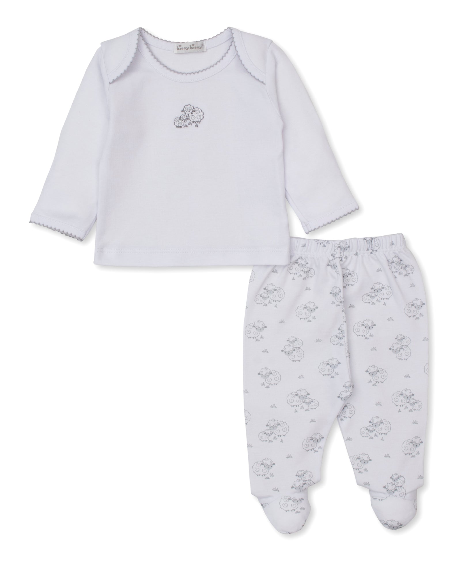 The Kissy Kissy Baby Sweet Sheep Footed Pant Set features an adorable white long-sleeve baby top with a small sheep graphic, perfectly paired with footed pants adorned in an all-over sheep print. Crafted from soft fabric with subtle stitching details, this set is the coziest choice for baby clothes.