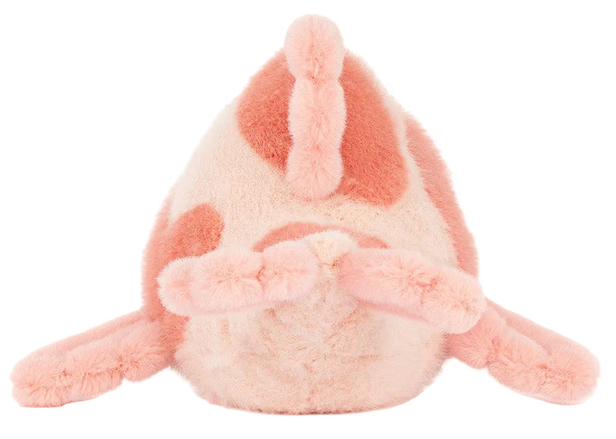 The Jellycat Fancy Carp is a plush toy shaped like a pink and cream fish with outstretched fins—an elegant accent for any luxurious sofa or modern furniture store display.