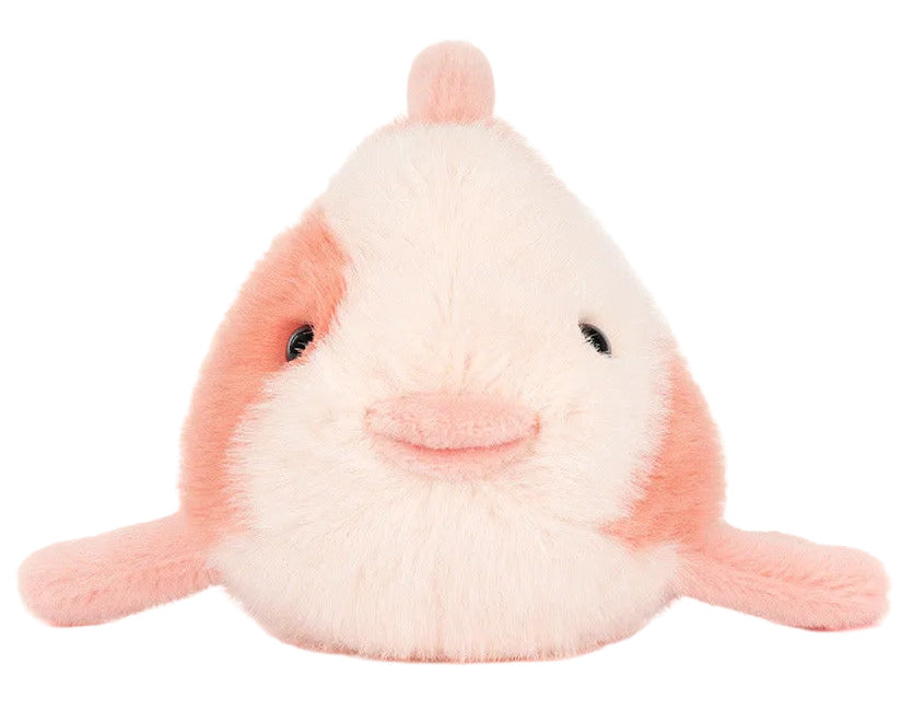 The Jellycat Fancy Carp is a plush toy shaped like a pink and white fish with small fins and a round body, perfect for adding refined style to any furniture store display. Displayed against a white background.
