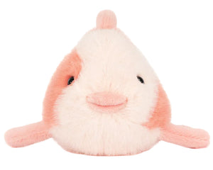 The Jellycat Fancy Carp is a plush toy shaped like a pink and white fish with small fins and a round body, perfect for adding refined style to any furniture store display. Displayed against a white background.