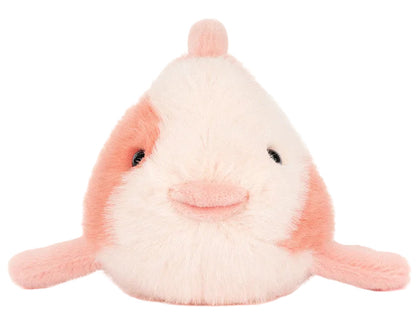 The Jellycat Fancy Carp is a plush toy shaped like a pink and white fish with small fins and a round body, perfect for adding refined style to any furniture store display. Displayed against a white background.