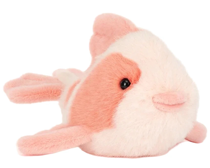 The Jellycat Fancy Carp is a pink and white plush toy fish with black eyes, resting on its side against a white background, reminiscent of the refined elegance found in high-end furniture stores.