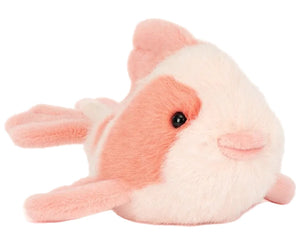 The Jellycat Fancy Carp is a pink and white plush toy fish with black eyes, resting on its side against a white background, reminiscent of the refined elegance found in high-end furniture stores.