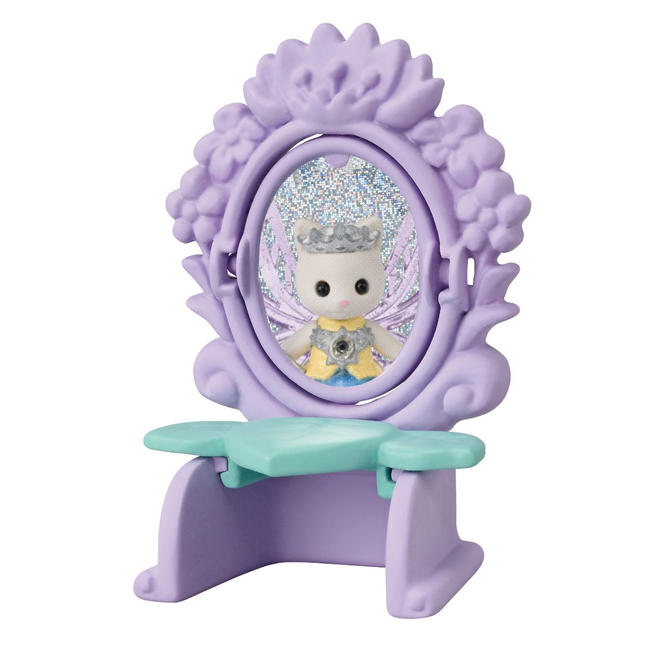 The Calico Critters Fairytale Tower features a petite lavender toy vanity with a green seat and a mirror reflecting an adorable animal figurine dressed in a crown and gown—an enchanting addition to any flower-themed furniture collection.