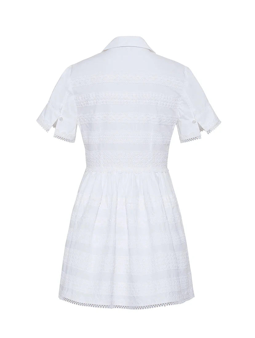 Back view of the Cara Cara Kai Mini Dress with a collared neckline, buttoned sleeves, delicate lace insets, and a slightly gathered waist for an effortlessly chic look.
