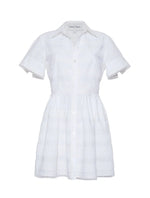 The Kai Mini Dress by Cara Cara is a white short-sleeve, button-down dress with a collared neckline and delicate lace insets on the bodice, skirt, and sleeves for an effortlessly charming style.