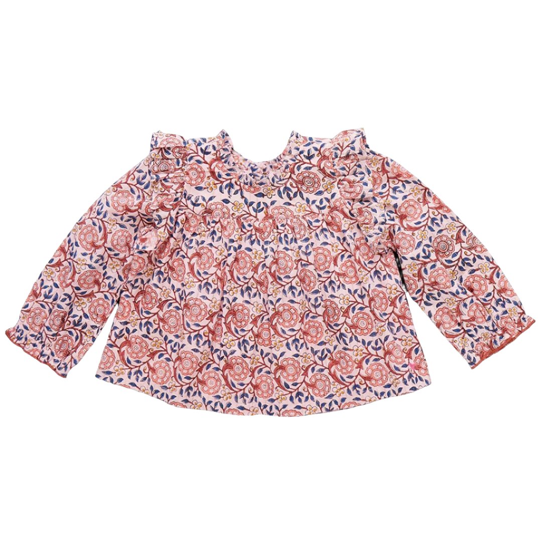 Introducing the Pink Chicken Girls' Kalani Top, a long-sleeve blouse adorned with an exquisite Pink Blossom Block Print and charming ruffle details.