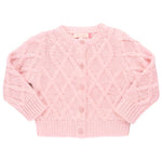 The Pink Chicken Girls' Katrina Sweater by Pink Chicken is a pink knitted baby cardigan adorned with a charming diamond pattern, long sleeves, and a glitter button closure down the front.