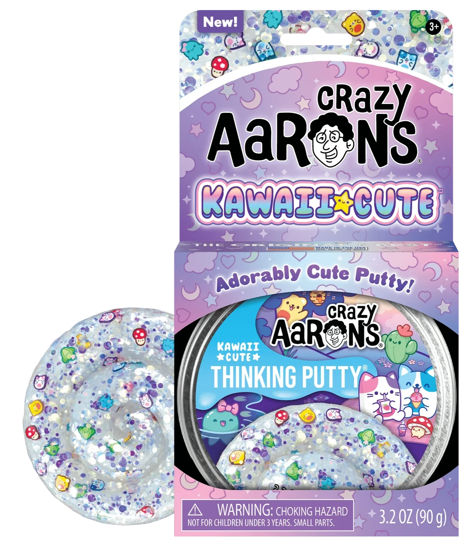 The packaging of Crazy Aaron's Thinking Putty by Crazy Aarons showcases a vibrant tin containing non-toxic silicone putty, adorned with glitter and charming icons. It's perfect for sensory integration but carries a warning: Choking hazard for children under three years.