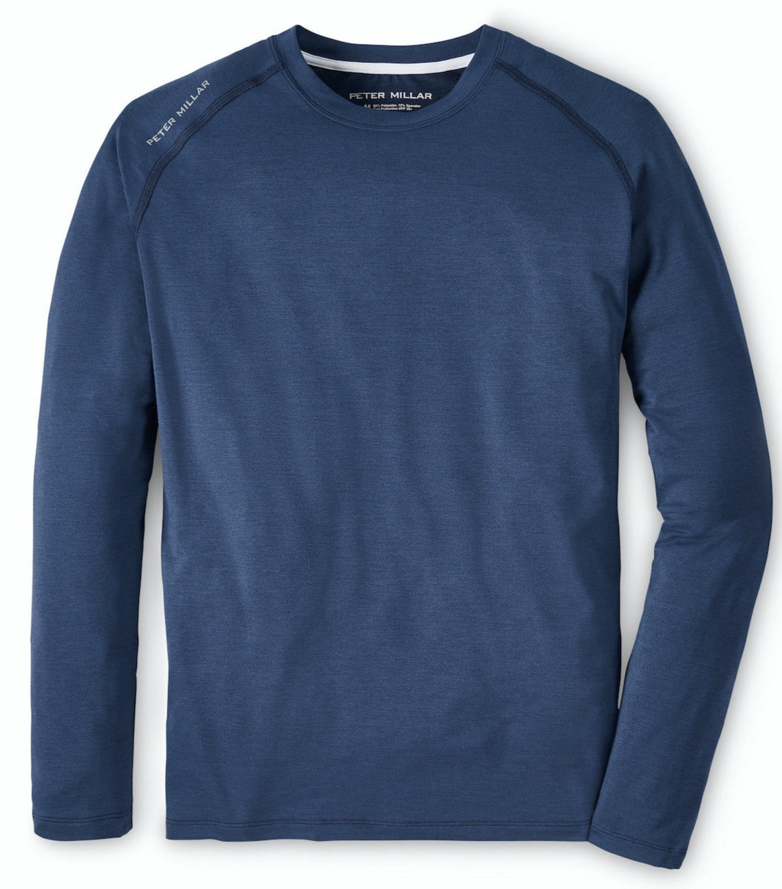 A navy blue Peter Millar Performance T-shirt with UPF 50+ sun protection, displayed flat.