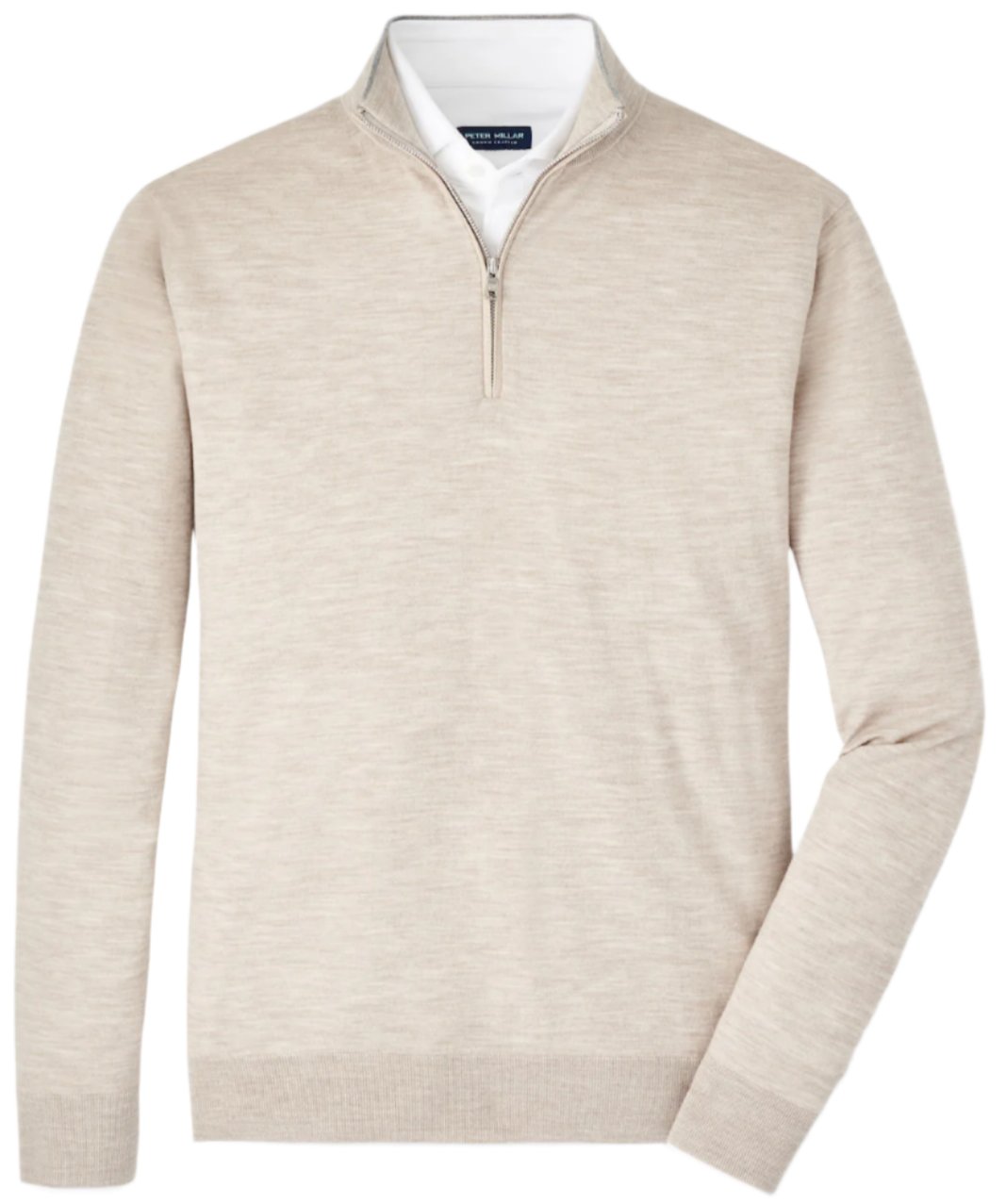 The Peter Millar Excursionist Flex Quarter-Zip Sweater, crafted from soft Merino wool in beige, boasts a stand collar and is tastefully layered over a crisp white shirt.