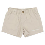 The Properly Tied Mallard Short is designed for adventures, featuring an elastic waistband, button closure, and side pockets. Made from durable nylon, these khaki shorts are embellished with "Properly Tied" text on the right leg.