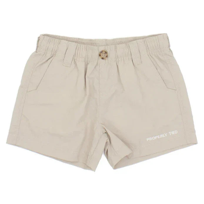 The Properly Tied Mallard Short is designed for adventures, featuring an elastic waistband, button closure, and side pockets. Made from durable nylon, these khaki shorts are embellished with "Properly Tied" text on the right leg.