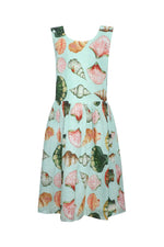 The Girls' June Dress by Hunter Bell NYC is a sleeveless light blue dress with a gathered skirt, adorned with a colorful Somers Shell Mint seashell print in shades of pink, orange, and green—perfect for creating a charming mommy and me look.