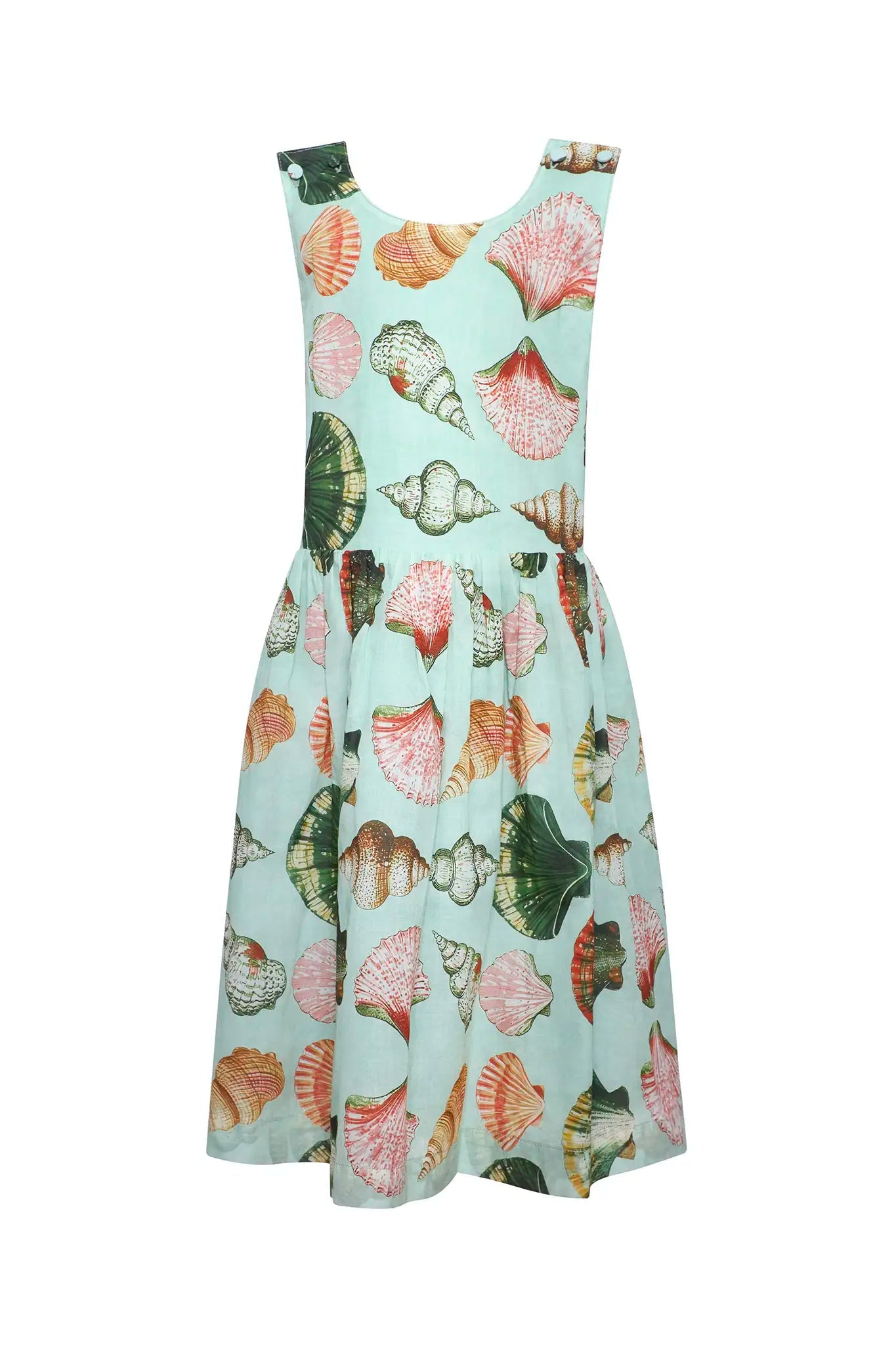 The Girls' June Dress by Hunter Bell NYC is a sleeveless light blue dress with a gathered skirt, adorned with a colorful Somers Shell Mint seashell print in shades of pink, orange, and green—perfect for creating a charming mommy and me look.