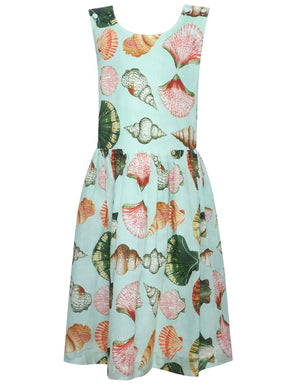 The Girls' June Dress by Hunter Bell NYC is a sleeveless light blue dress with a gathered skirt, adorned with a colorful Somers Shell Mint seashell print in shades of pink, orange, and green—perfect for creating a charming mommy and me look.