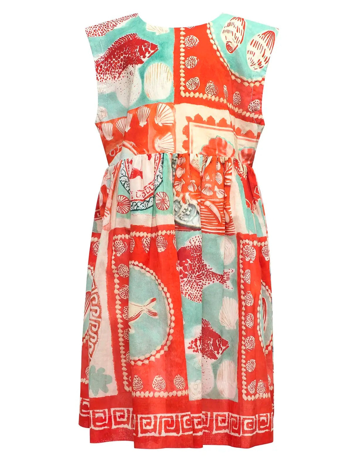 Girls' Piper Dress by Hunter Bell NYC, designed in a sleeveless fit-and-flare silhouette with a gathered waist, showcases a vibrant patchwork pattern in red, turquoise, and white, adorned with playful seashell and fish motifs.