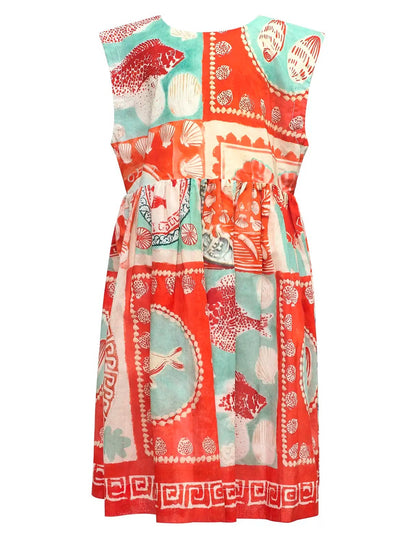 Girls' Piper Dress by Hunter Bell NYC, designed in a sleeveless fit-and-flare silhouette with a gathered waist, showcases a vibrant patchwork pattern in red, turquoise, and white, adorned with playful seashell and fish motifs.