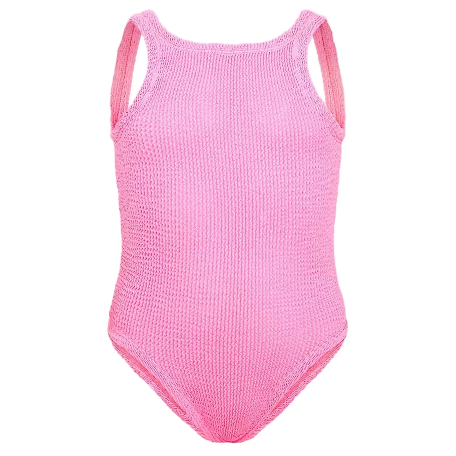 The Girls' Classic Swim One-Piece by Hunza G is a sleeveless pink swimsuit in Original Crinkle fabric, featuring a high neckline and moderate leg cut for stretchy comfort, shown on a white background.