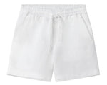 The Boys' Joulter Linen Short by Love Brand is a pair of lightweight white shorts featuring an elastic waistband, drawstring, and side pockets, shown laid flat on a white background.