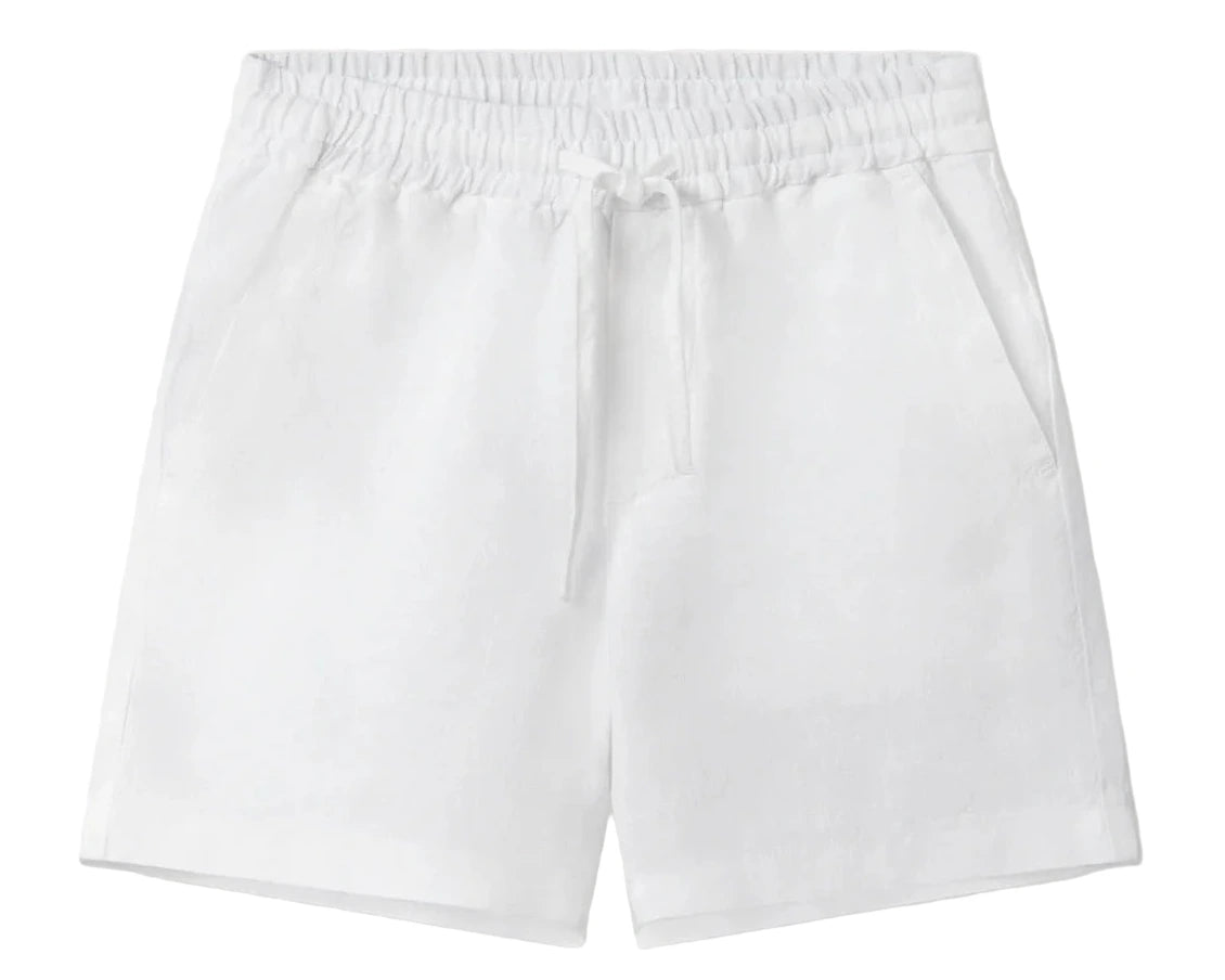 The Boys' Joulter Linen Short by Love Brand is a pair of lightweight white shorts featuring an elastic waistband, drawstring, and side pockets, shown laid flat on a white background.