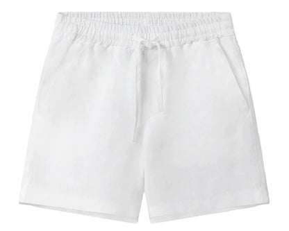 The Boys' Joulter Linen Short by Love Brand is a pair of lightweight white shorts featuring an elastic waistband, drawstring, and side pockets, shown laid flat on a white background.