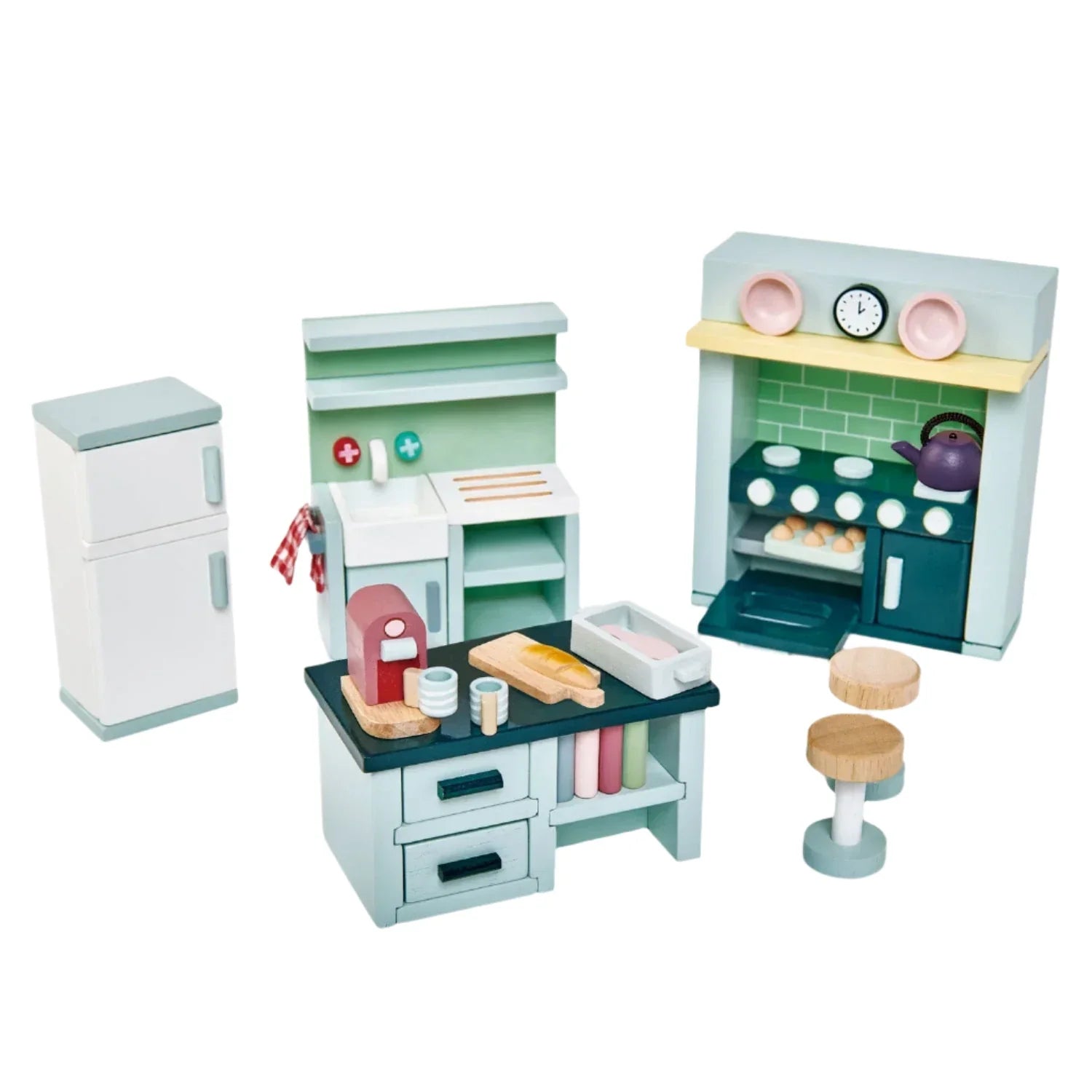 The Tender Leaf Toys Dovetail Kitchen Furniture Set is a 1:12 scale miniature with fridge, stove, island, stools, shelves, and accessories—ideal for wooden dolls houses.