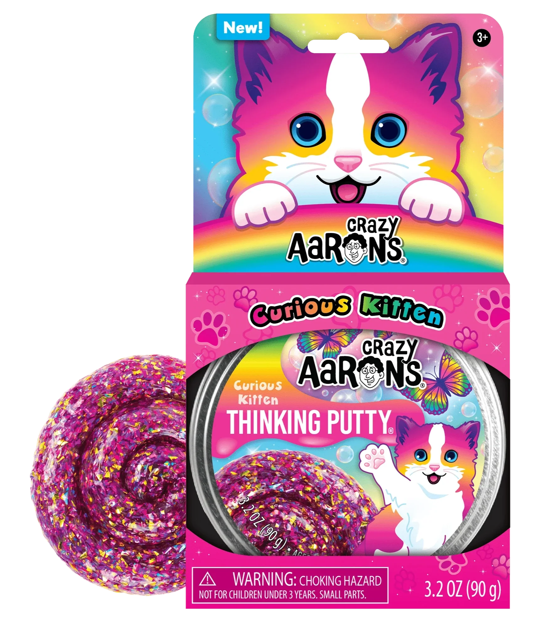 Crazy Aarons' Thinking Putty, known as "Curious Kitten," features vibrant packaging adorned with a cartoon cat and rainbow. This swirled, multicolored putty is made from non-toxic silicone, making it ideal for imaginative play and sensory integration.