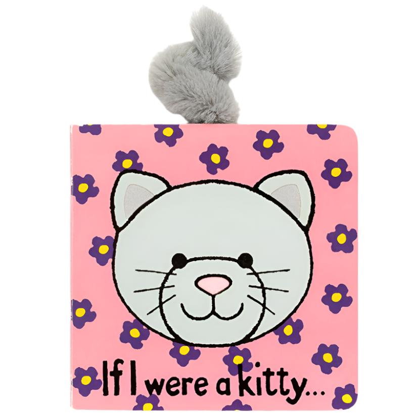 The Jellycat If I Were A Kitty Book by Jellycat features a charming pink cover decorated with purple flowers and an illustrated face of Bashful Grey Kitty. It includes a plush gray tail attached to the top, making it perfect for little hands to explore various kitty textures.