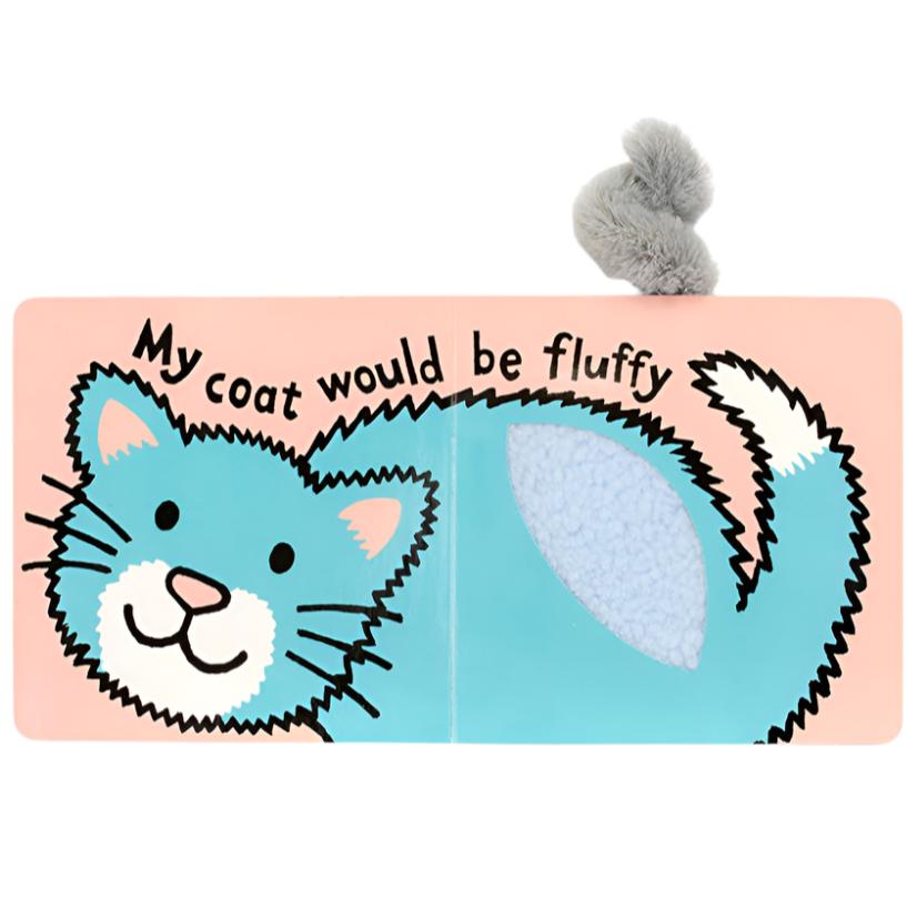 A children's book titled "Jellycat If I Were A Kitty Book" by Jellycat, featuring an illustration of a blue cat and the text "My coat would be fluffy." The Bashful Grey Kitty's tail is made of gray, fluffy fabric.