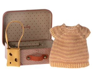 The Maileg Knitted Dress & Bag in Suitcase, Big Sister Mouse by Maileg is displayed open, with a beautifully knitted dress and stylish leather bag accessory placed beside it. Ideal for your little one's big sister mouse clothes. Recommended age: 3 years and up.